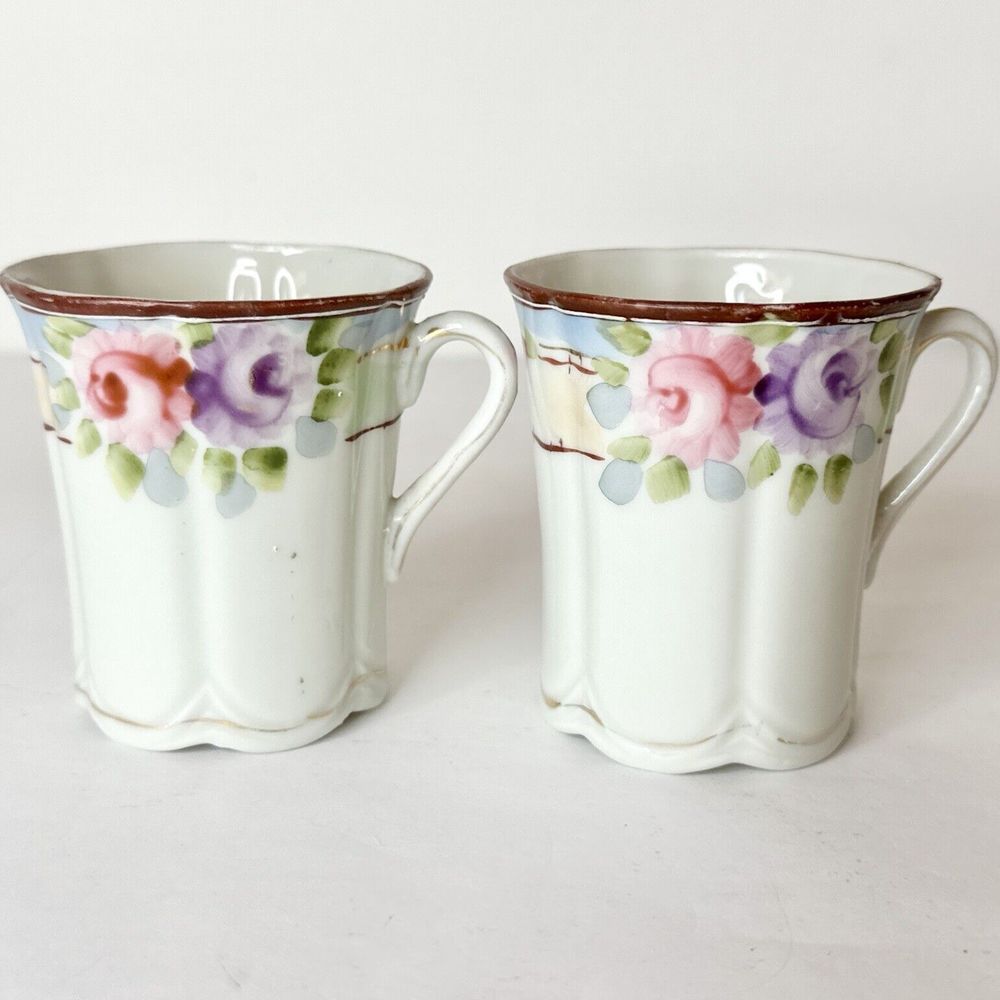 Vtg Demitasse Tea Cups Hand Painted 1940s Set Of‎ 2 Pink Purple Flowers 3”